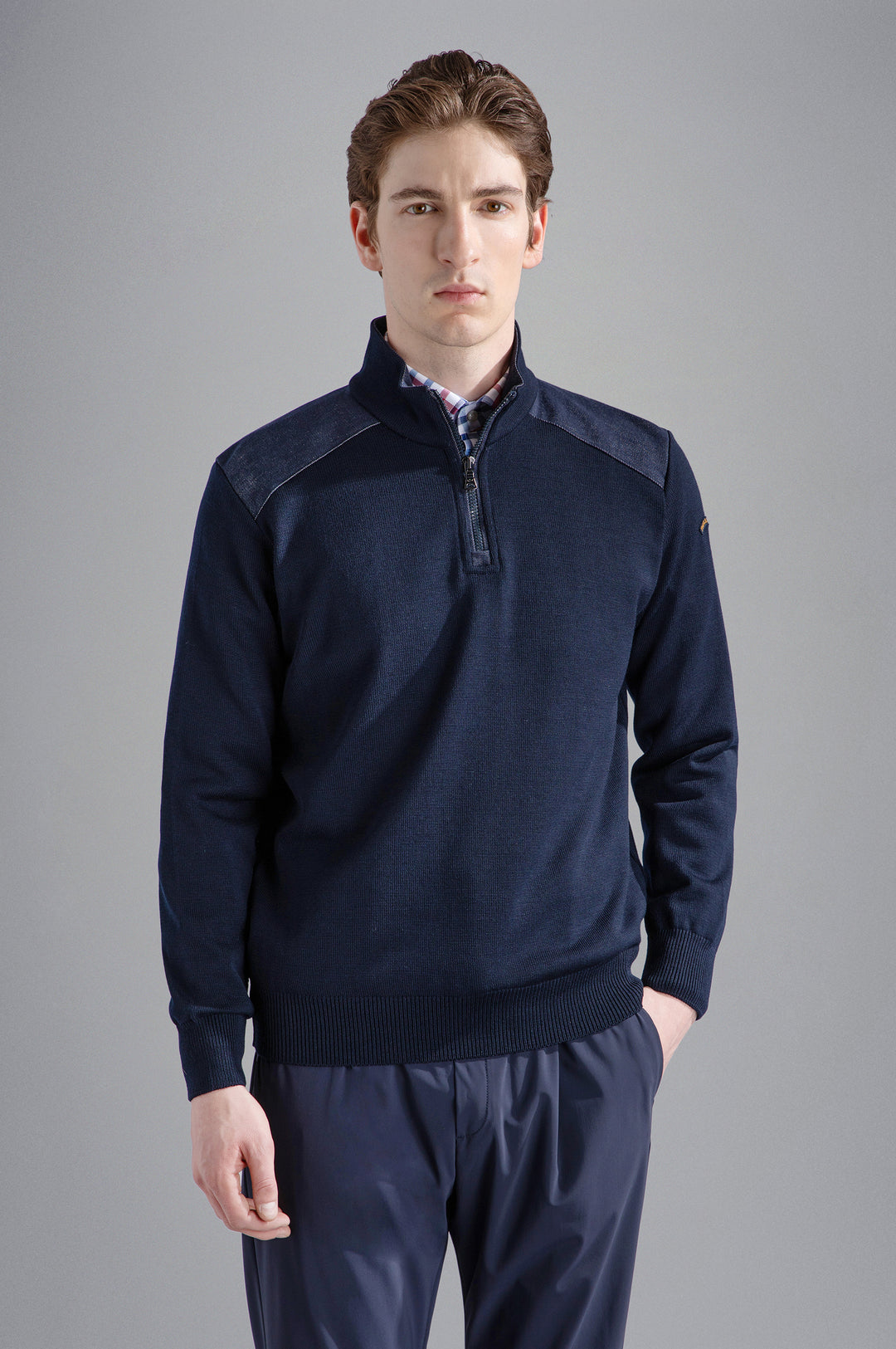 Cool Touch Wool Quarter Zip with Denim Detail