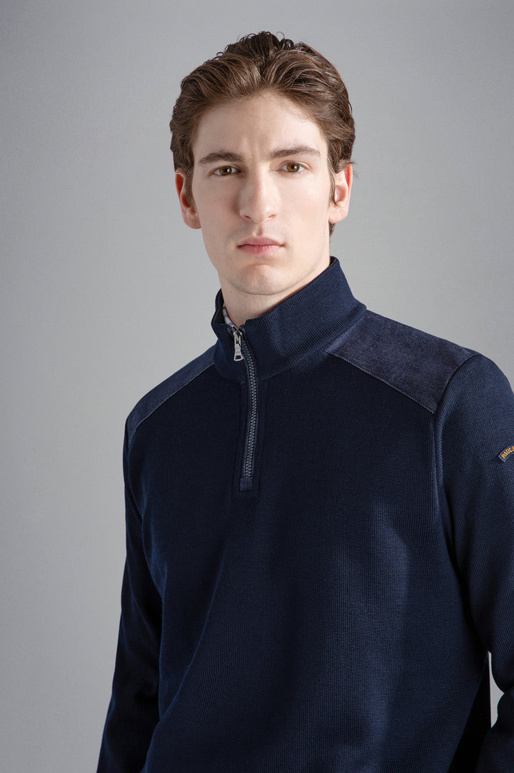 Cool Touch Wool Quarter Zip with Denim Detail