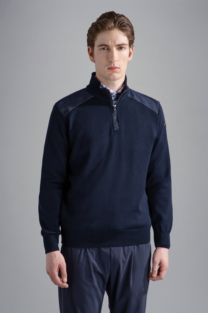 Cool Touch Wool Quarter Zip with Denim Detail