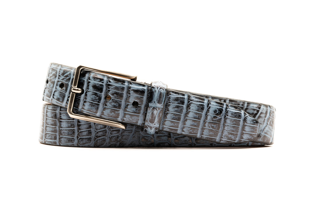 One by One Hand Painted Caiman Crocodile Belt in Cobalt