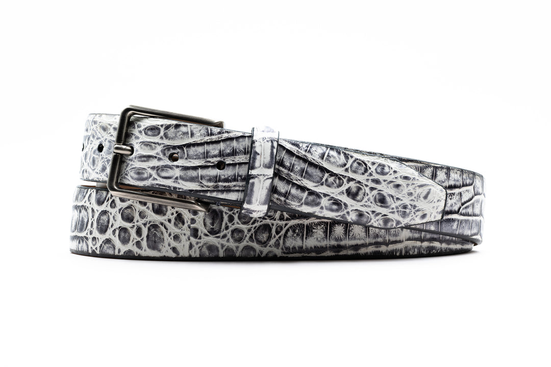 One by One Hand Painted Caiman Crocodile Belt in Pewter