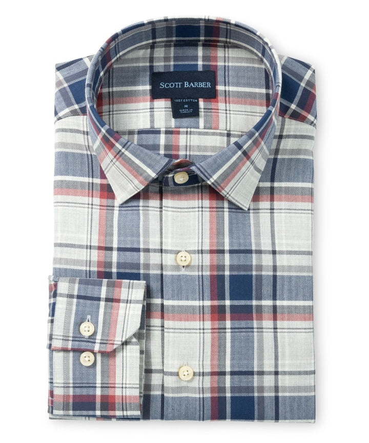 Melange Herringbone Country Plaid Sport Shirt in Navy